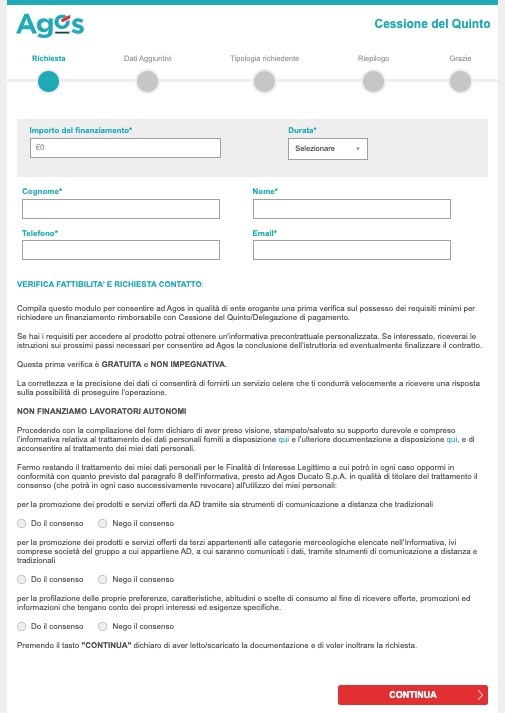 screenshot di pagina di richiesta valutazione